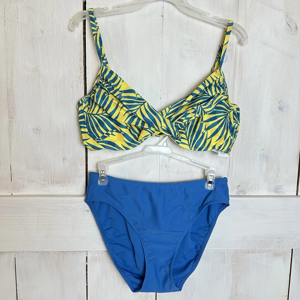 Sunsets Cabana Crossroads Underwire Bikini Set 38DD XL Yellow Blue‎ Tropical NEW